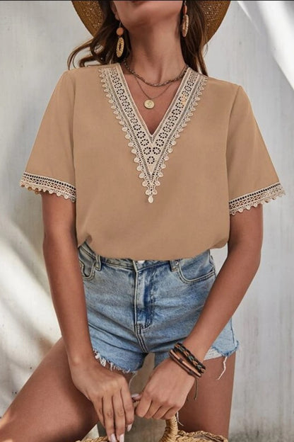 Cotton Lace Detail V-Neck Short Sleeve Blouse