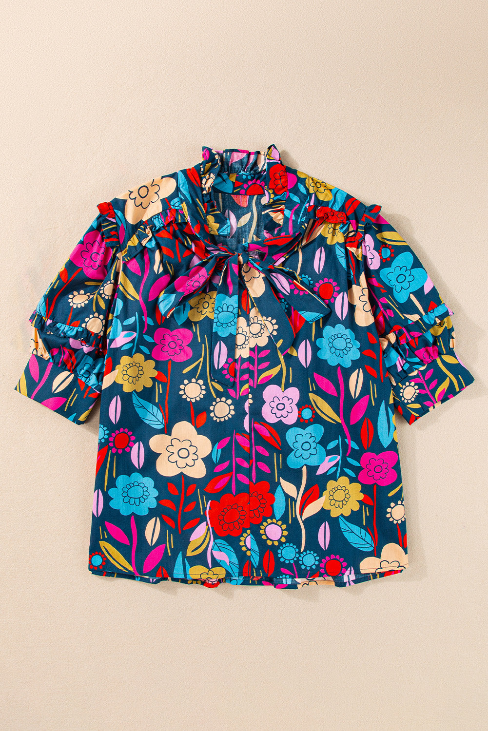 Printed Tie Neck Half Sleeve Cotton Blouse