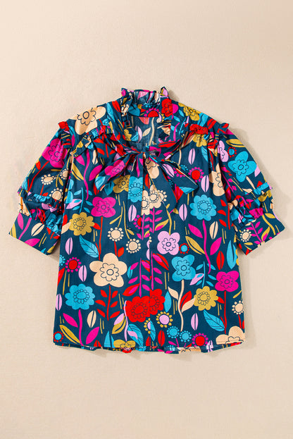 Printed Tie Neck Half Sleeve Cotton Blouse