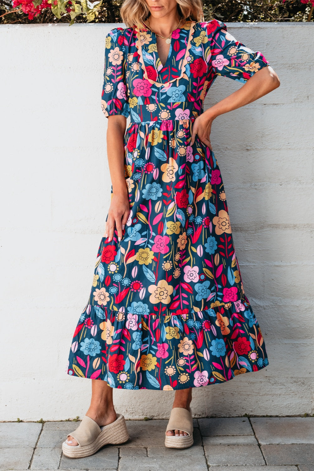 Cotton Floral Printed Notched Puff Sleeve Midi Dress