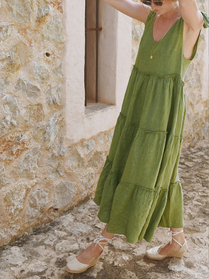 Cotton Tiered Frill V-Neck Sleeveless Dress