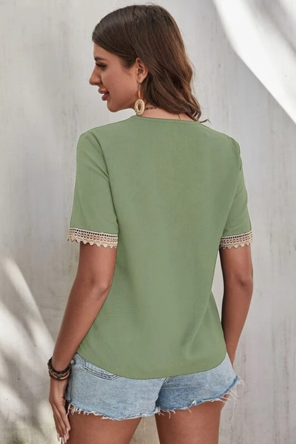 Cotton Lace Detail V-Neck Short Sleeve Blouse