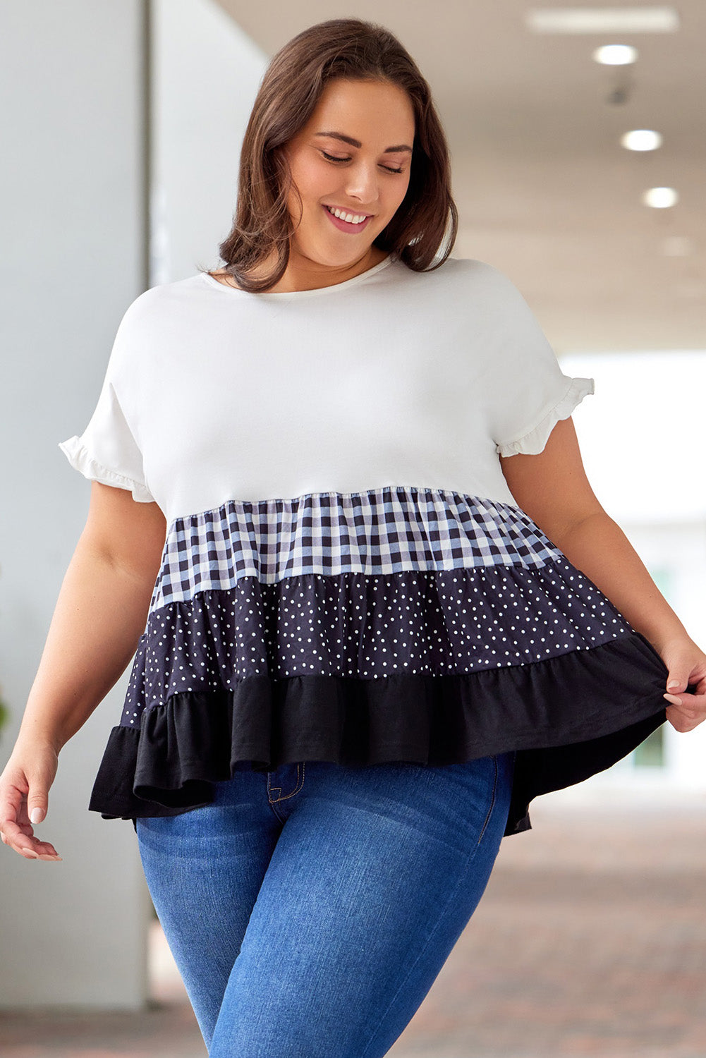 Cotton Plus Size Plaid Color Block Tiered Blouse