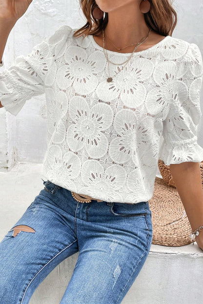 Round Neck Flounce Sleeve Cotton Blouse