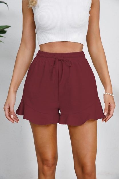 Cotton Drawstring Ruffle Hem Shorts
