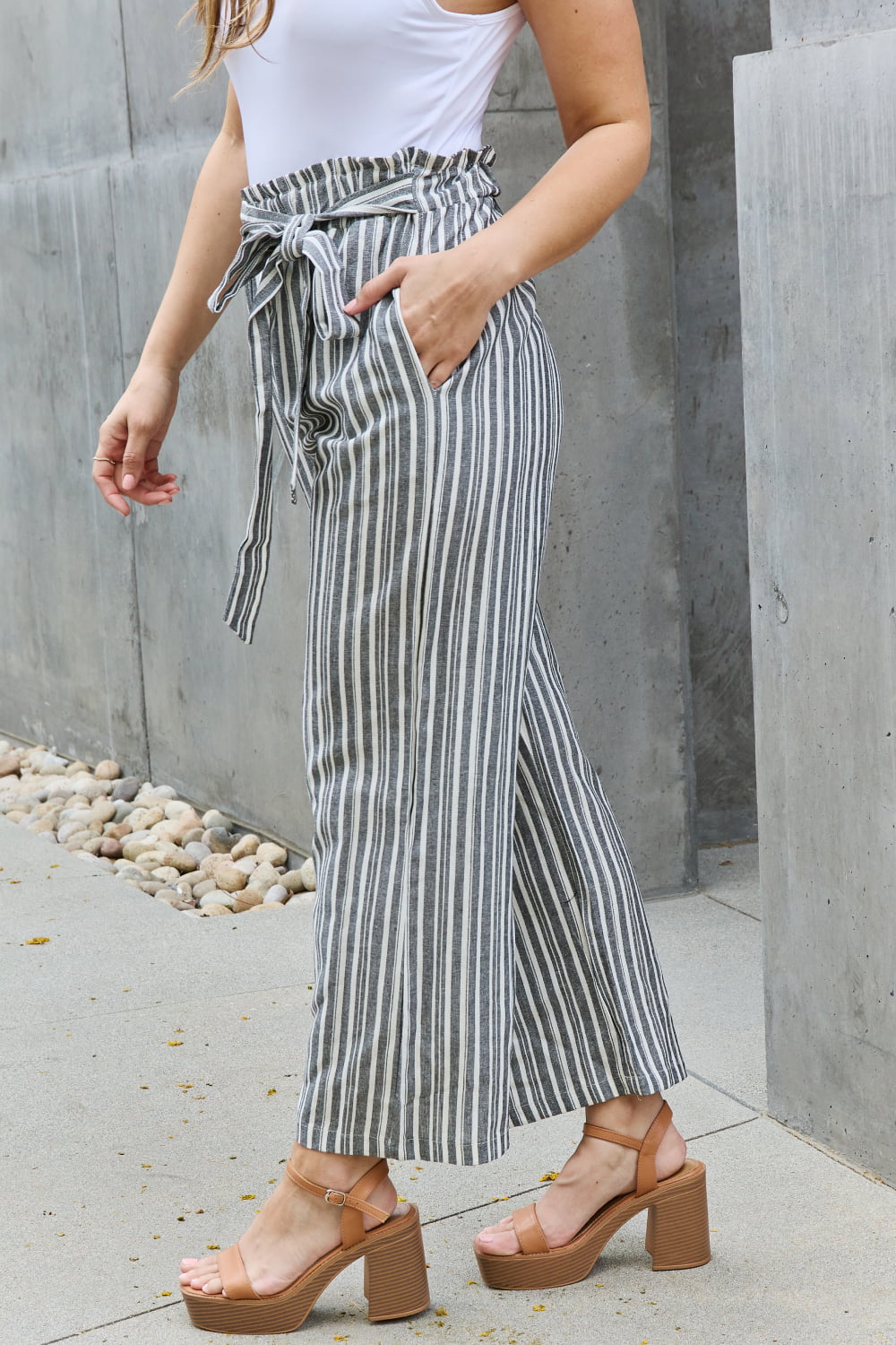 Linen Full Size Waist Striped Culotte Pants