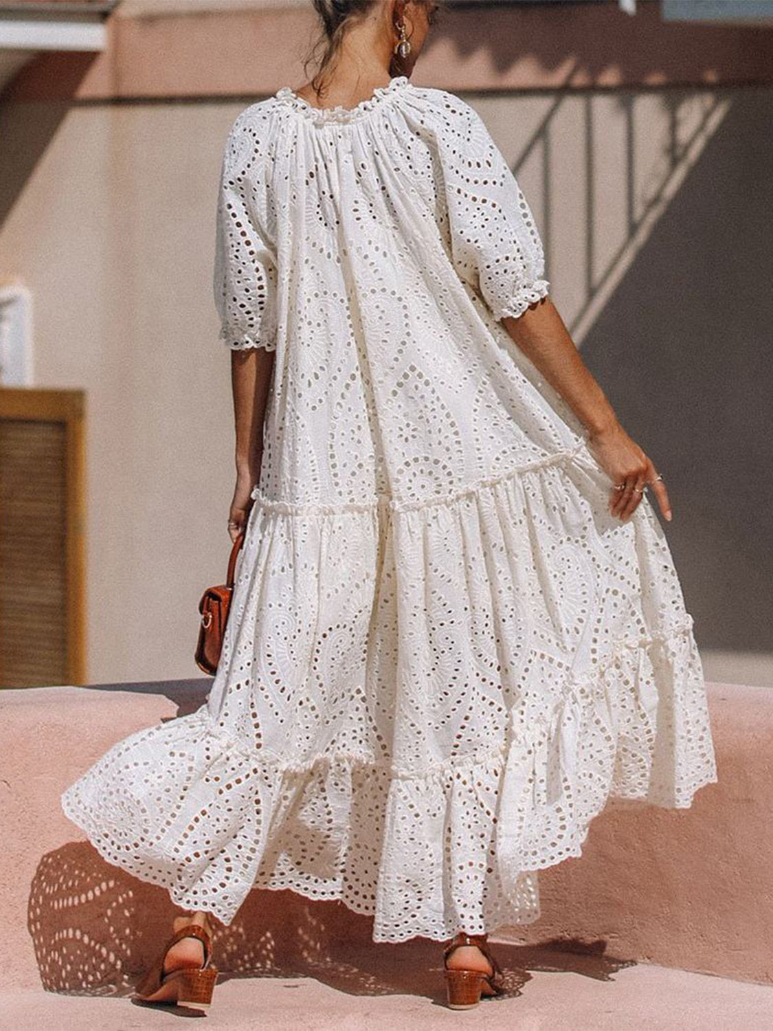 Tie Neck Half Sleeve Tiered Cotton Dress