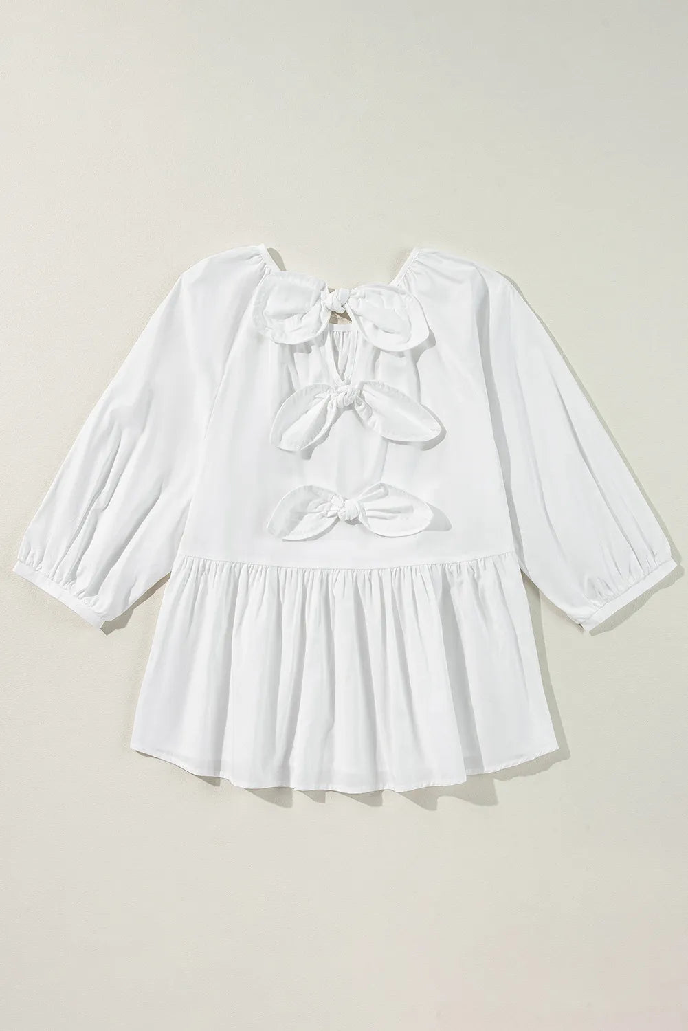 Cotton Bow Round Neck Three-Quarter Sleeve Blouse