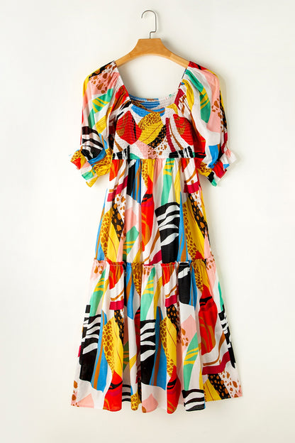 Printed Square Neck Short Sleeve Cotton Midi Dress