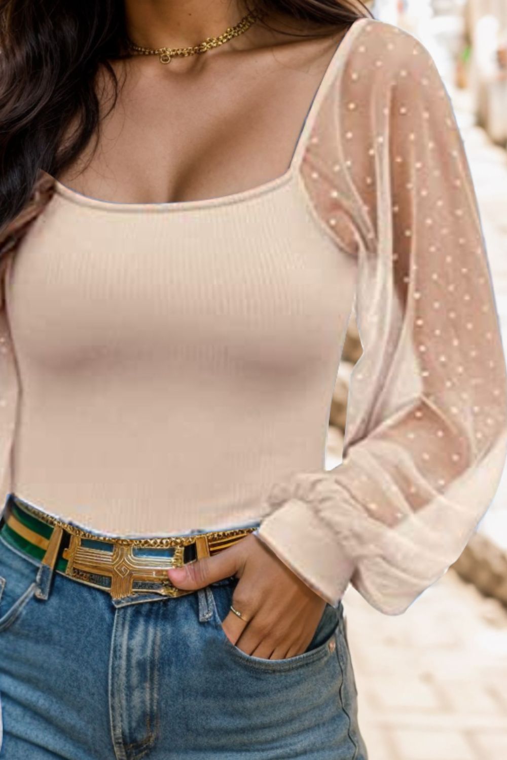 Cotton Square Neck Lantern Sleeve Blouse