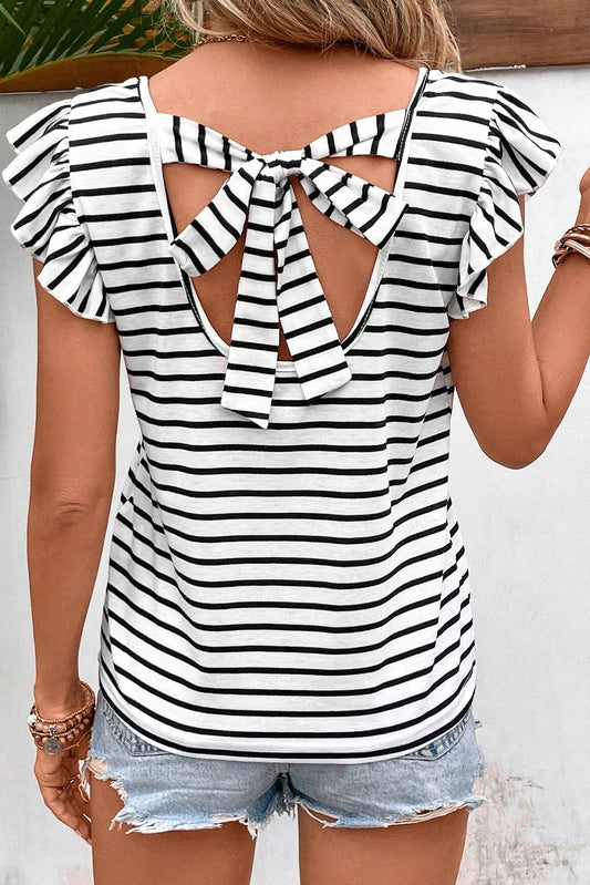 Tied Striped V-Neck Cap Sleeve Cotton T-Shirt