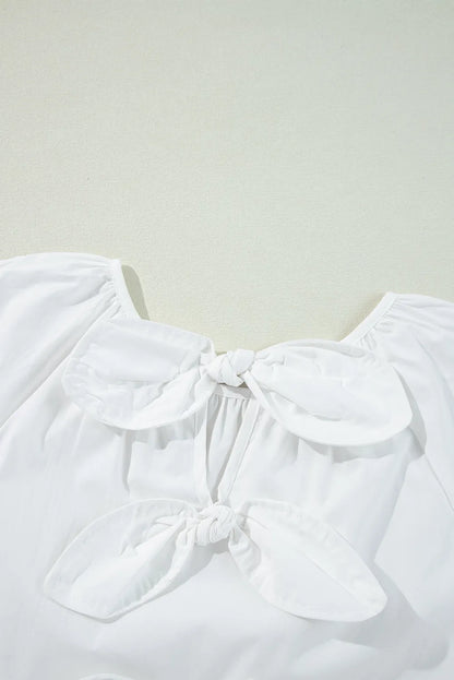 Cotton Bow Round Neck Three-Quarter Sleeve Blouse