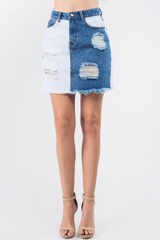 Contrast Patched Frayed Denim Skirts