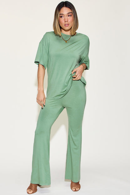 Basic Bamboo Drop Shoulder T-Shirt and Flare Pants Set