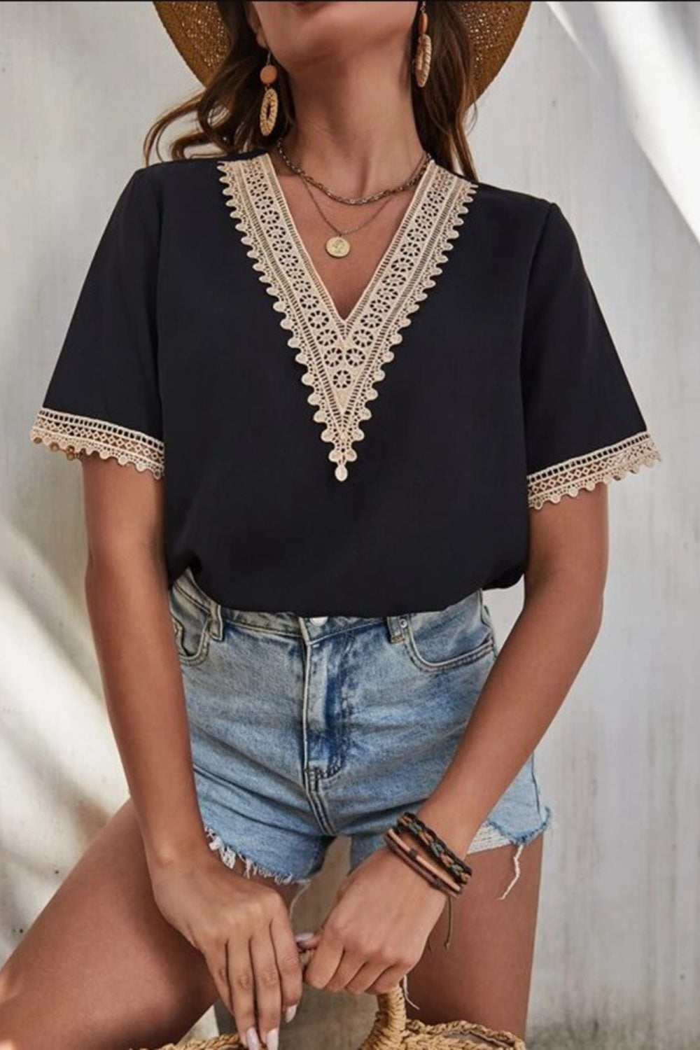 Cotton Lace Detail V-Neck Short Sleeve Blouse