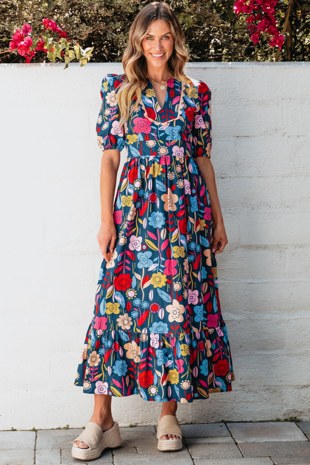 Cotton Floral Printed Notched Puff Sleeve Midi Dress