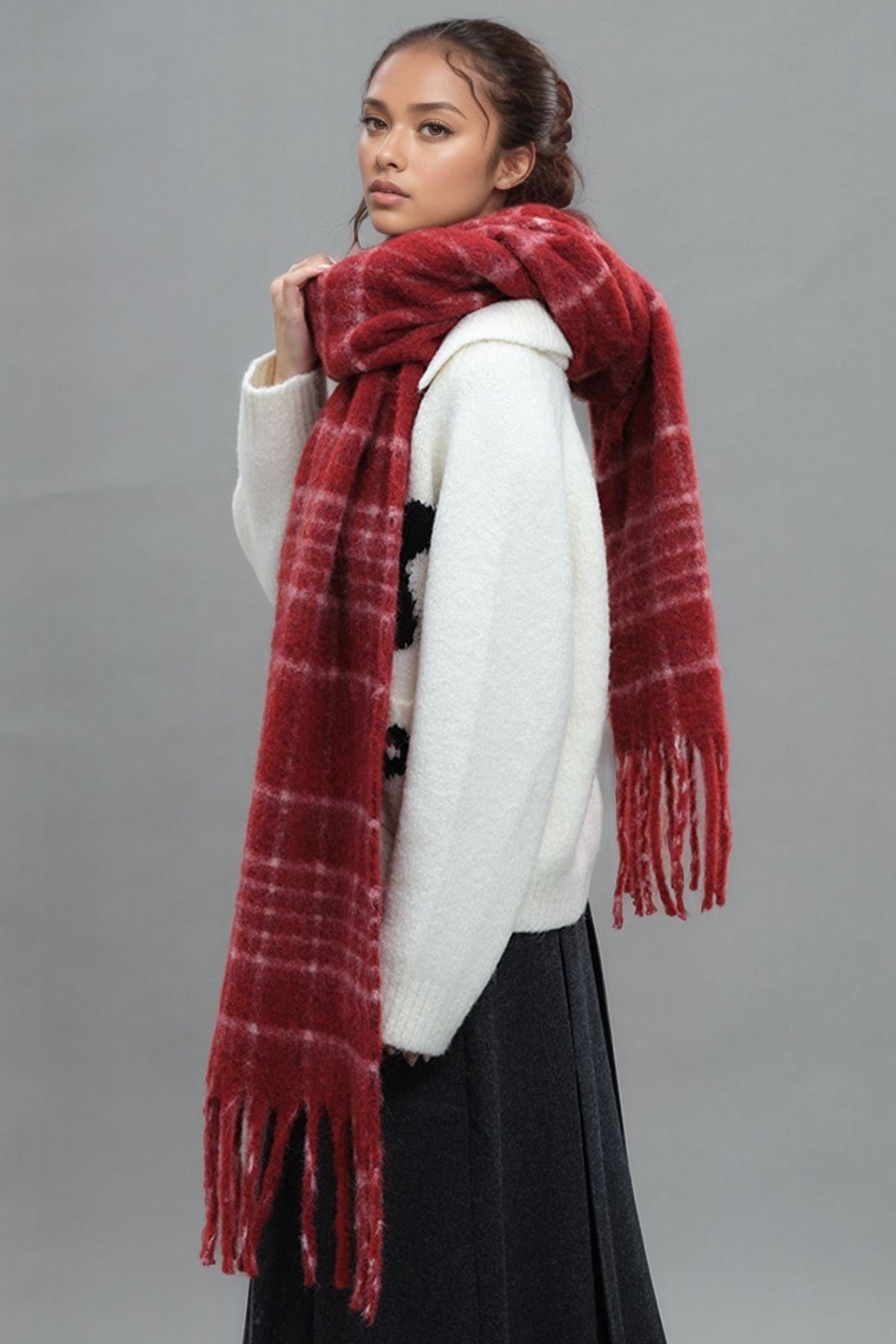 Fringe Plaid Thermal Fur Scarf