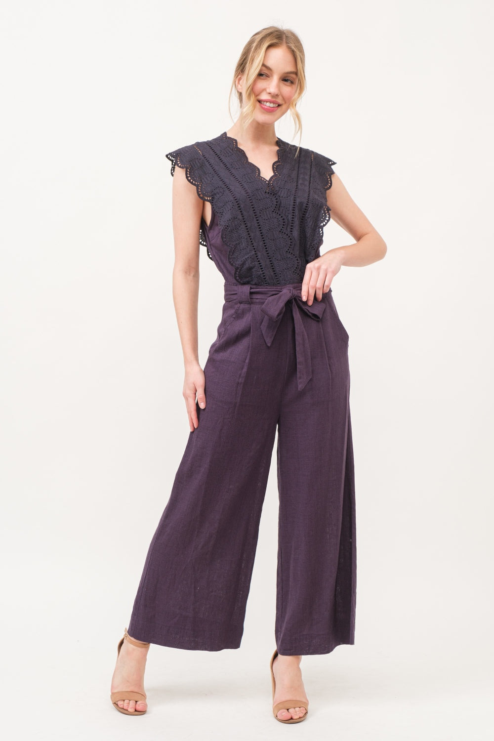 V Shape Laced Surplice Tie Waist Jumpsuit