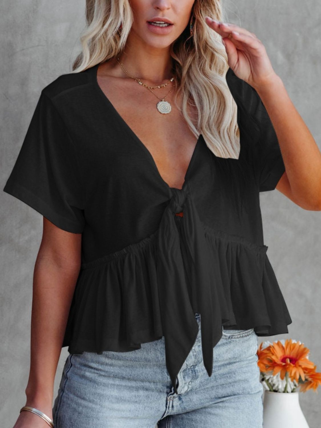 Tied Plunge Short Sleeve Cotton Blouse