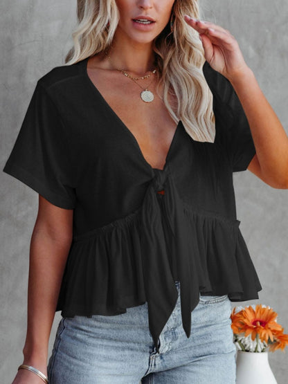 Tied Plunge Short Sleeve Cotton Blouse