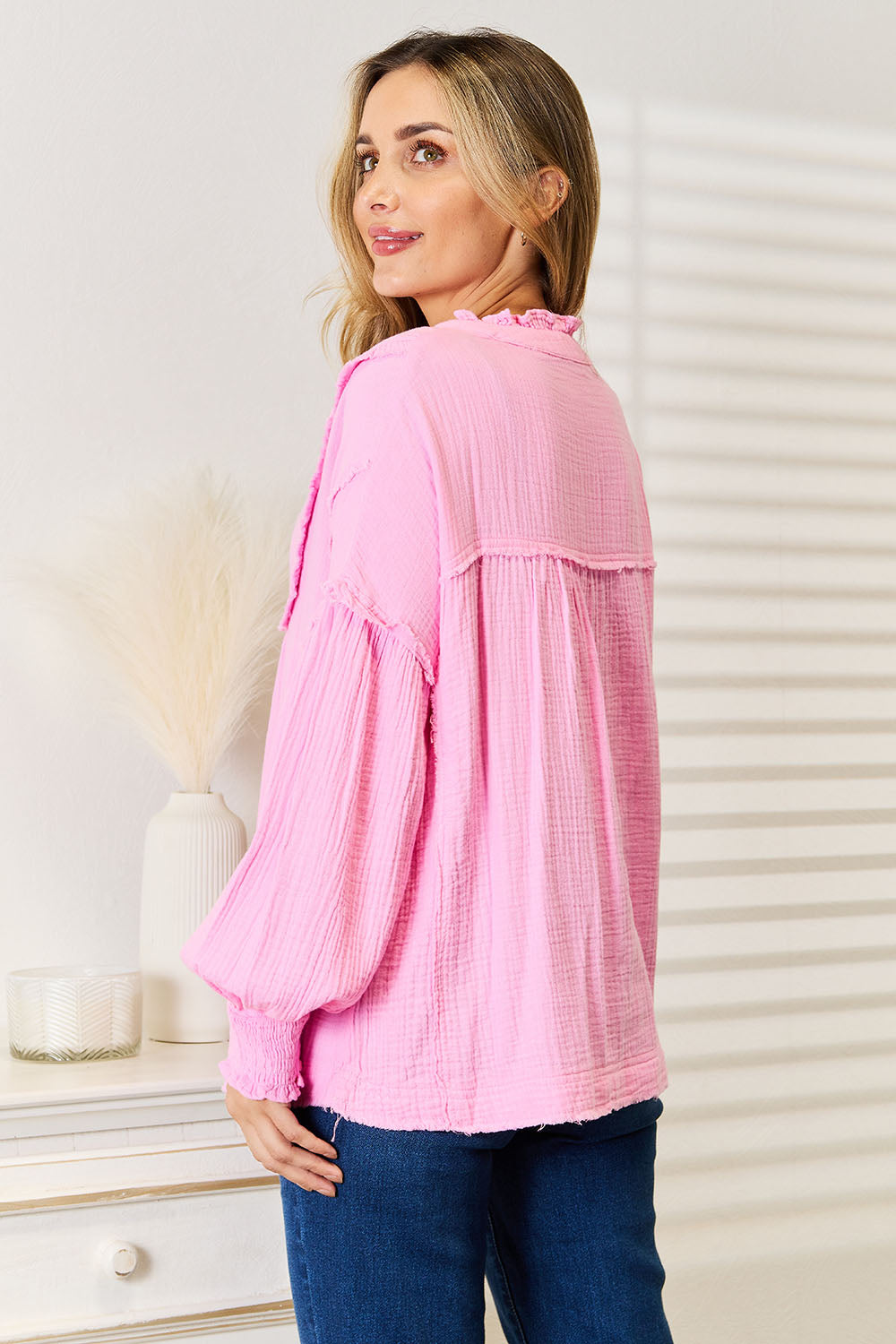 Cotton Seam Buttoned Notched Neck Blouse