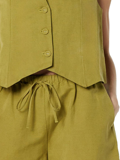 Button Up Cotton Top and Pocketed Shorts Set