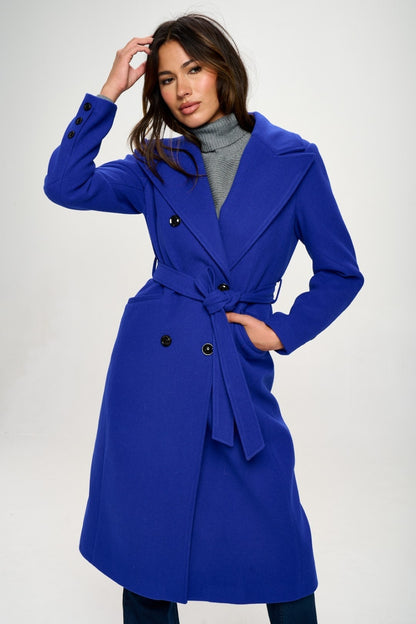 Vegan Wool Double-Breasted Longline Coat with Belt