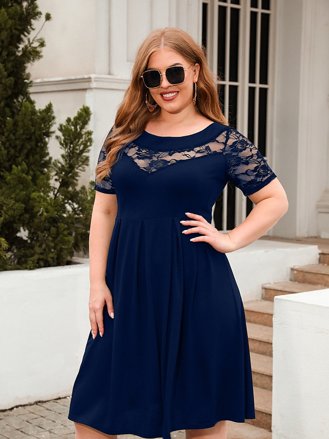 Plus Size Ruched Round Neck Short Sleeve Cotton Dress