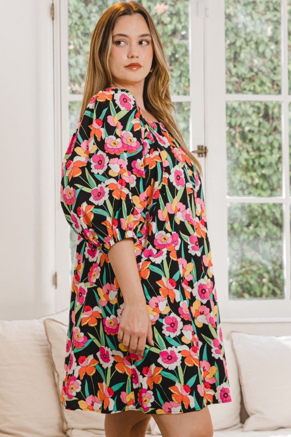 Cotton Floral Puff Sleeve Mini Dress