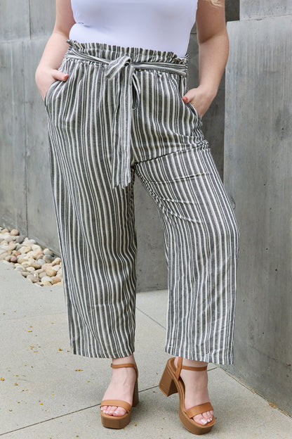 Linen Full Size Waist Striped Culotte Pants
