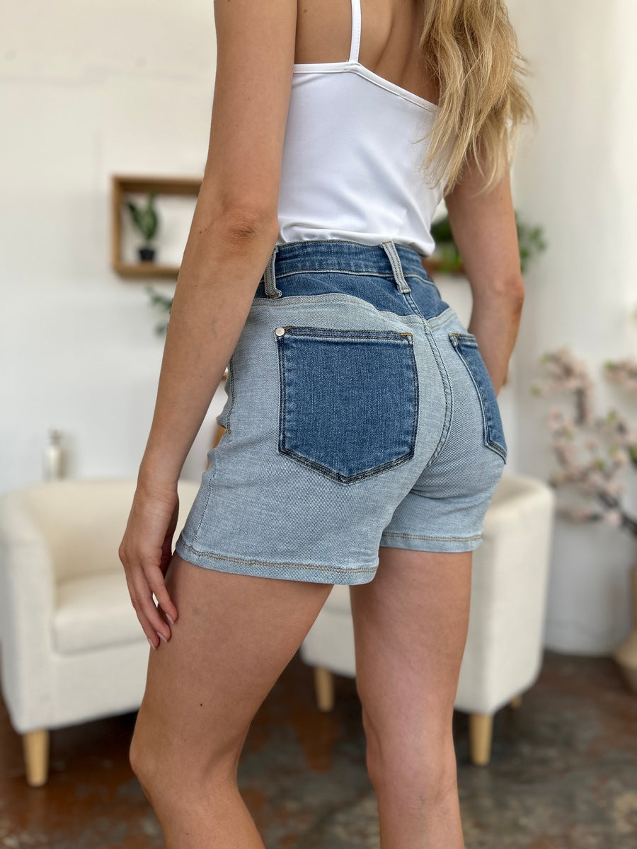 Cotton  Full Size Color Block Denim Shorts