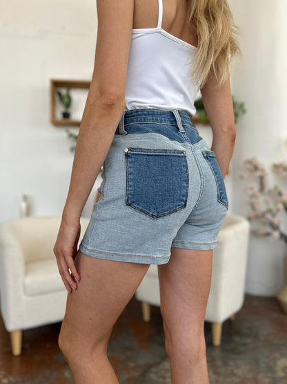 Cotton  Full Size Color Block Denim Shorts