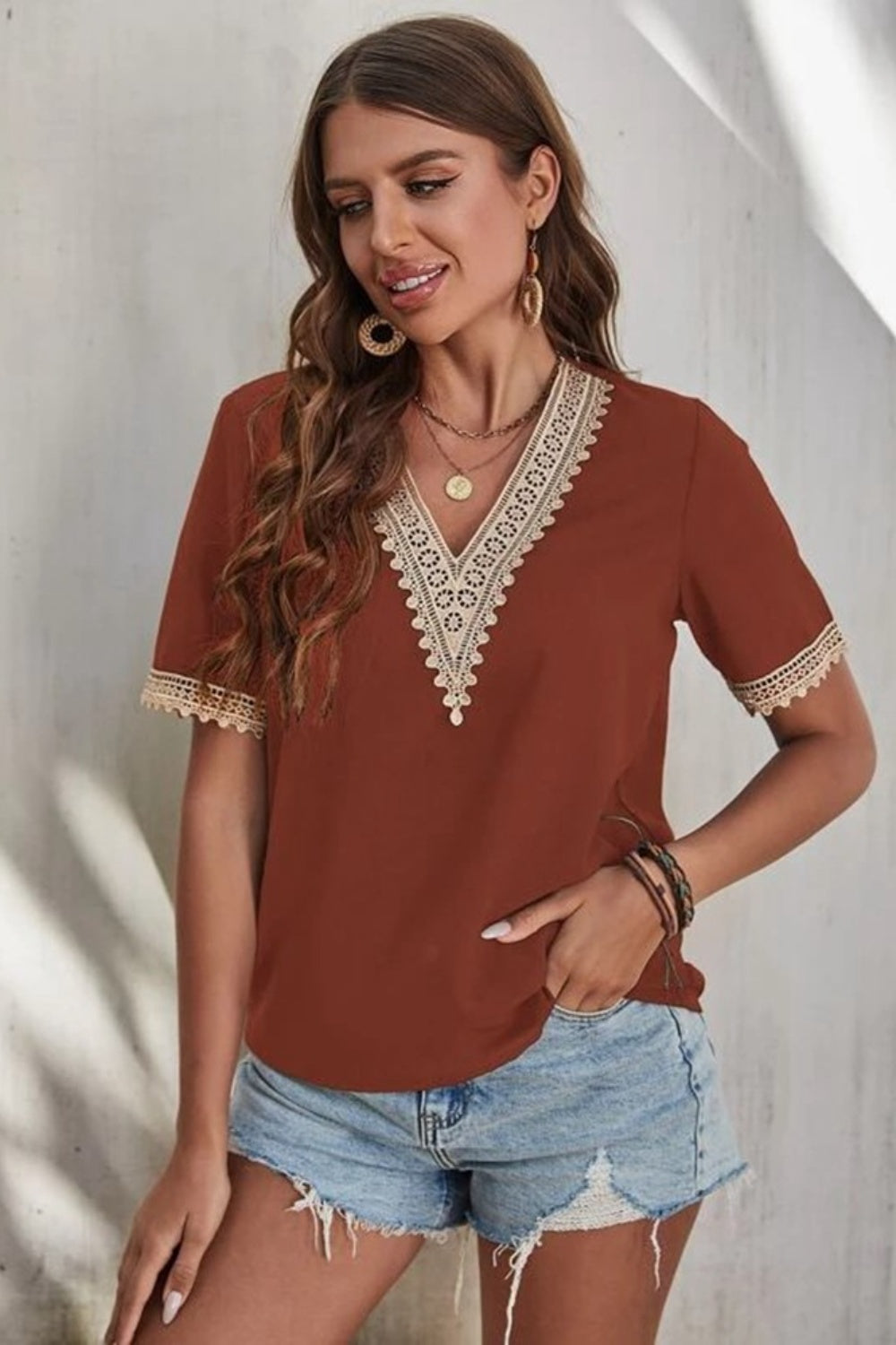 Cotton Lace Detail V-Neck Short Sleeve Blouse