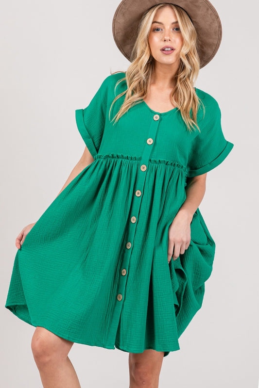Button Up Short Sleeve Cotton Dress