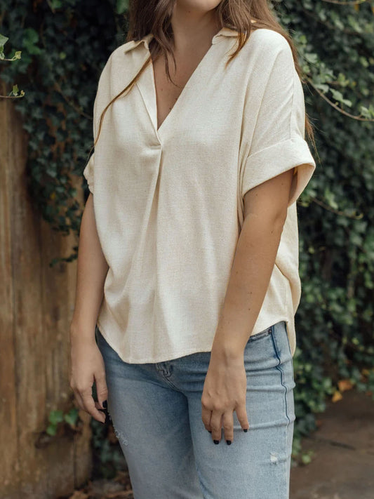 Cotton Perfee Johnny Collar Half Sleeve Blouse