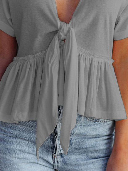 Tied Plunge Short Sleeve Cotton Blouse