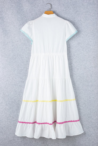 Cotton Contrast Trim Button Up Short Sleeve Dress