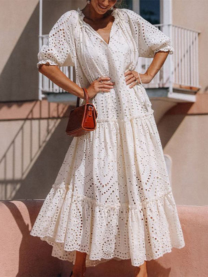 Tie Neck Half Sleeve Tiered Cotton Dress