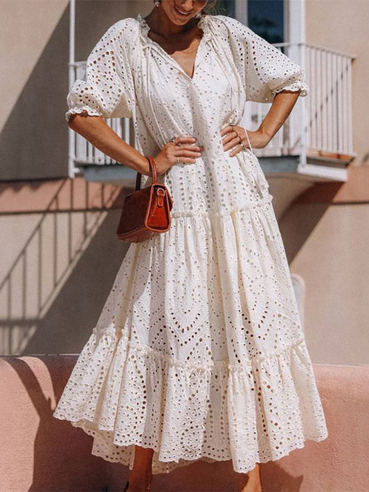 Tie Neck Half Sleeve Tiered Cotton Dress
