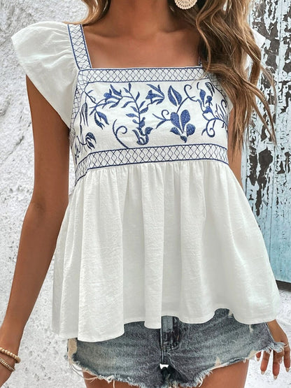 Ruffled Square Neck Cap Sleeve Cotton Blouse