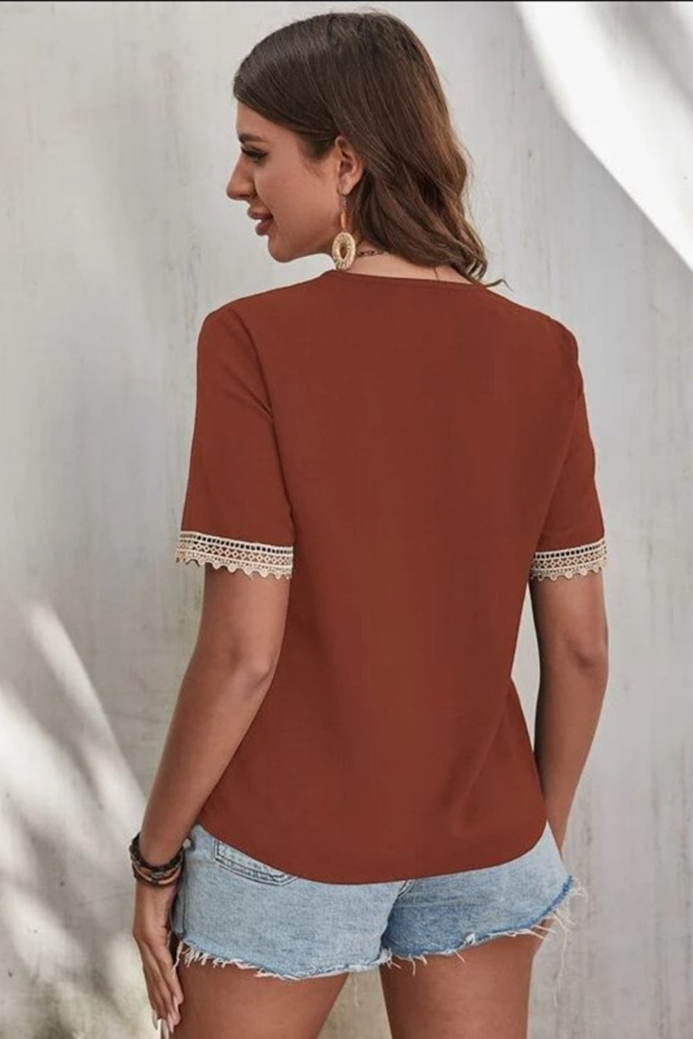 Cotton Lace Detail V-Neck Short Sleeve Blouse