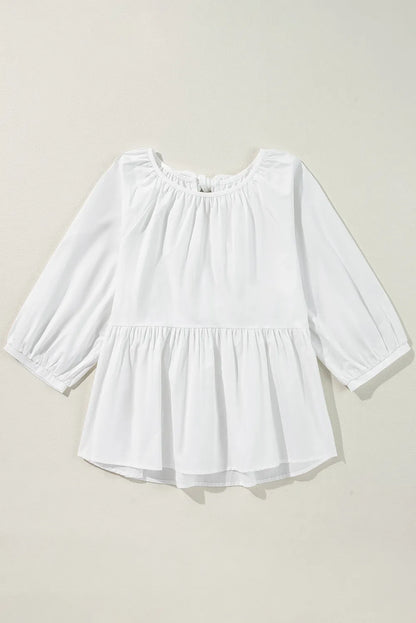 Cotton Bow Round Neck Three-Quarter Sleeve Blouse