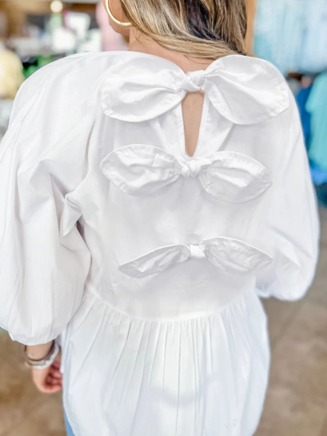 Cotton Bow Round Neck Three-Quarter Sleeve Blouse
