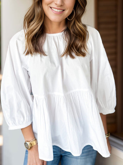 Cotton Bow Round Neck Three-Quarter Sleeve Blouse
