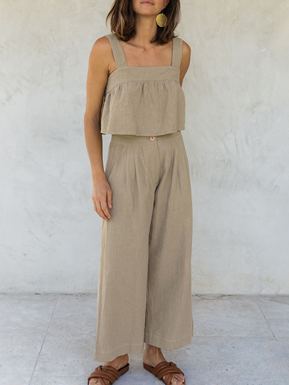 Square Neck Wide Strap Cotton Top and Pants Set