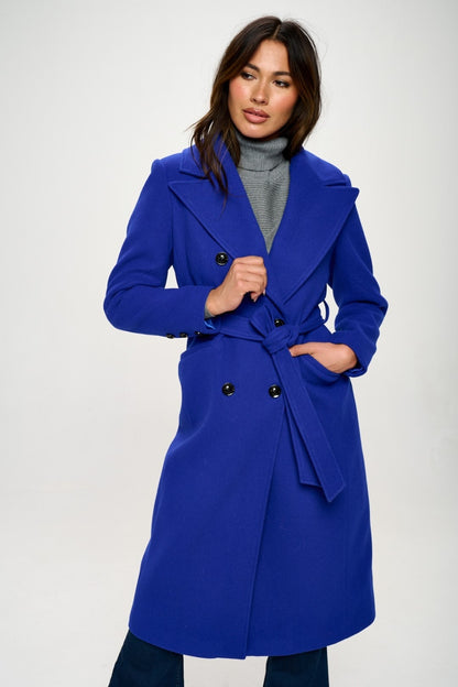 Vegan Wool Double-Breasted Longline Coat with Belt