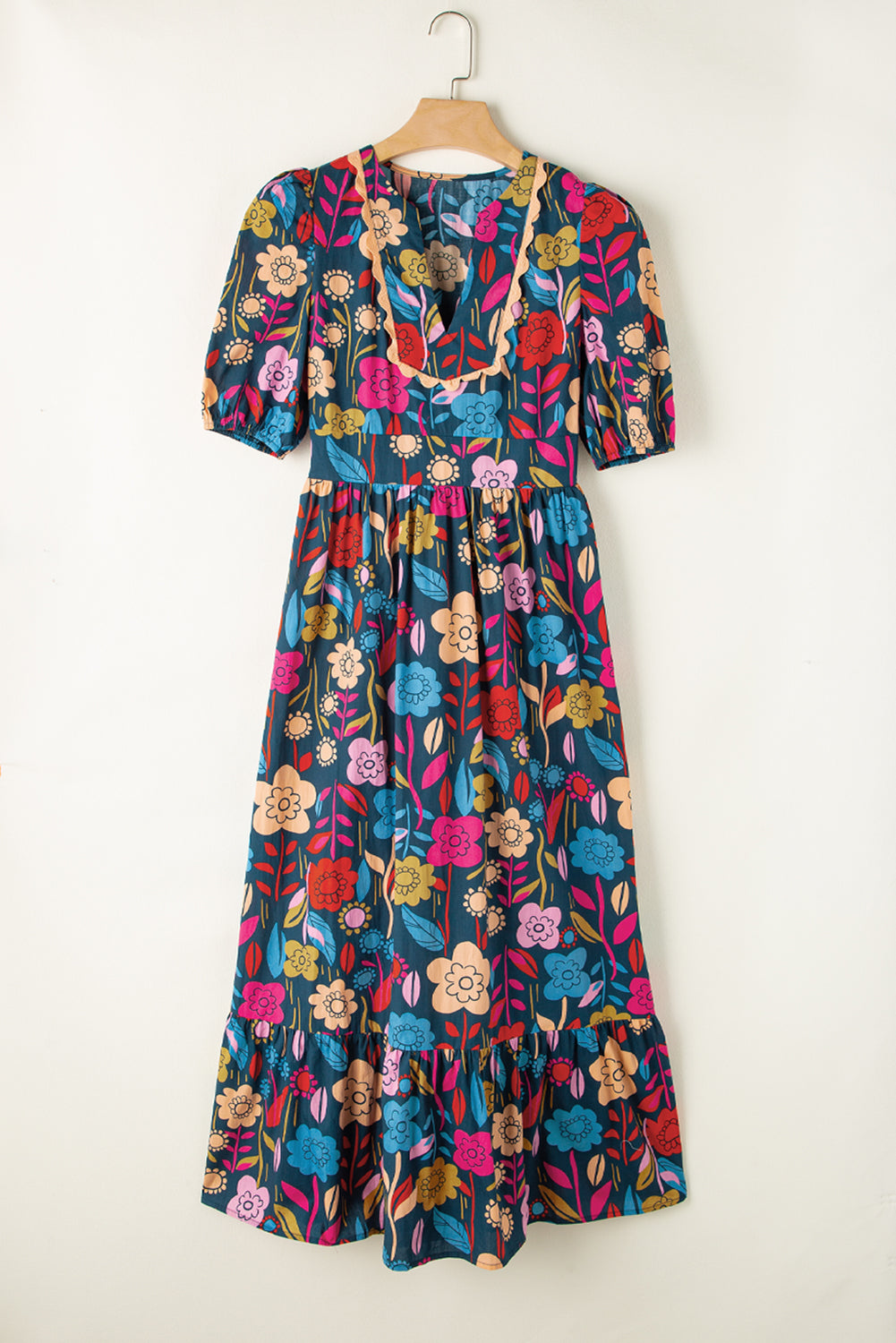Cotton Floral Printed Notched Puff Sleeve Midi Dress