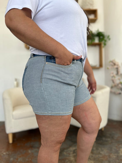 Cotton  Full Size Color Block Denim Shorts