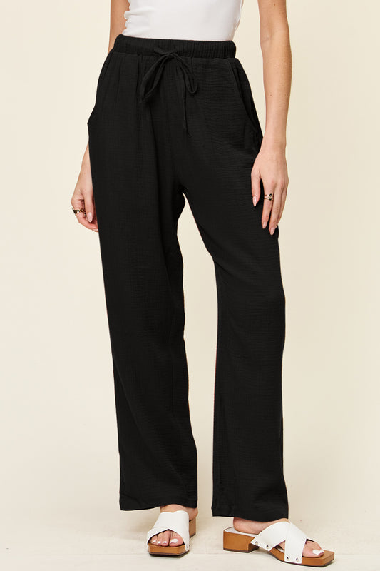 Cotton Texture Drawstring Straight Pants