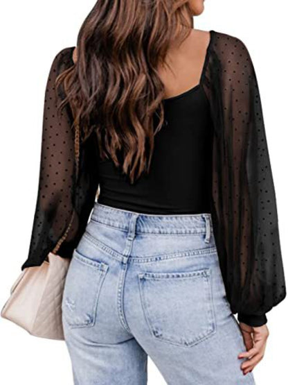 Cotton Square Neck Lantern Sleeve Blouse